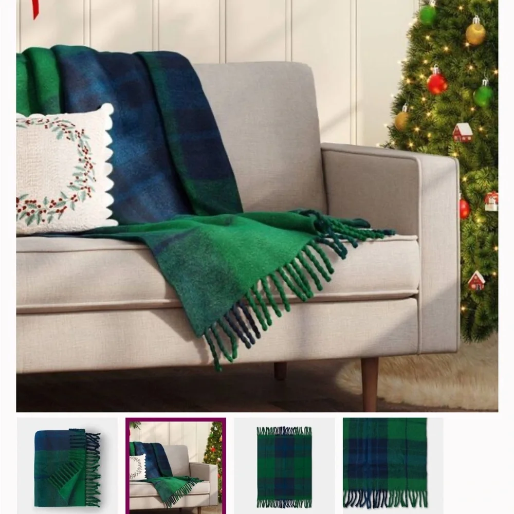 NWT Threshold Navy Blue & Hunter Green Woven Wool Blend Throw Blanket 50